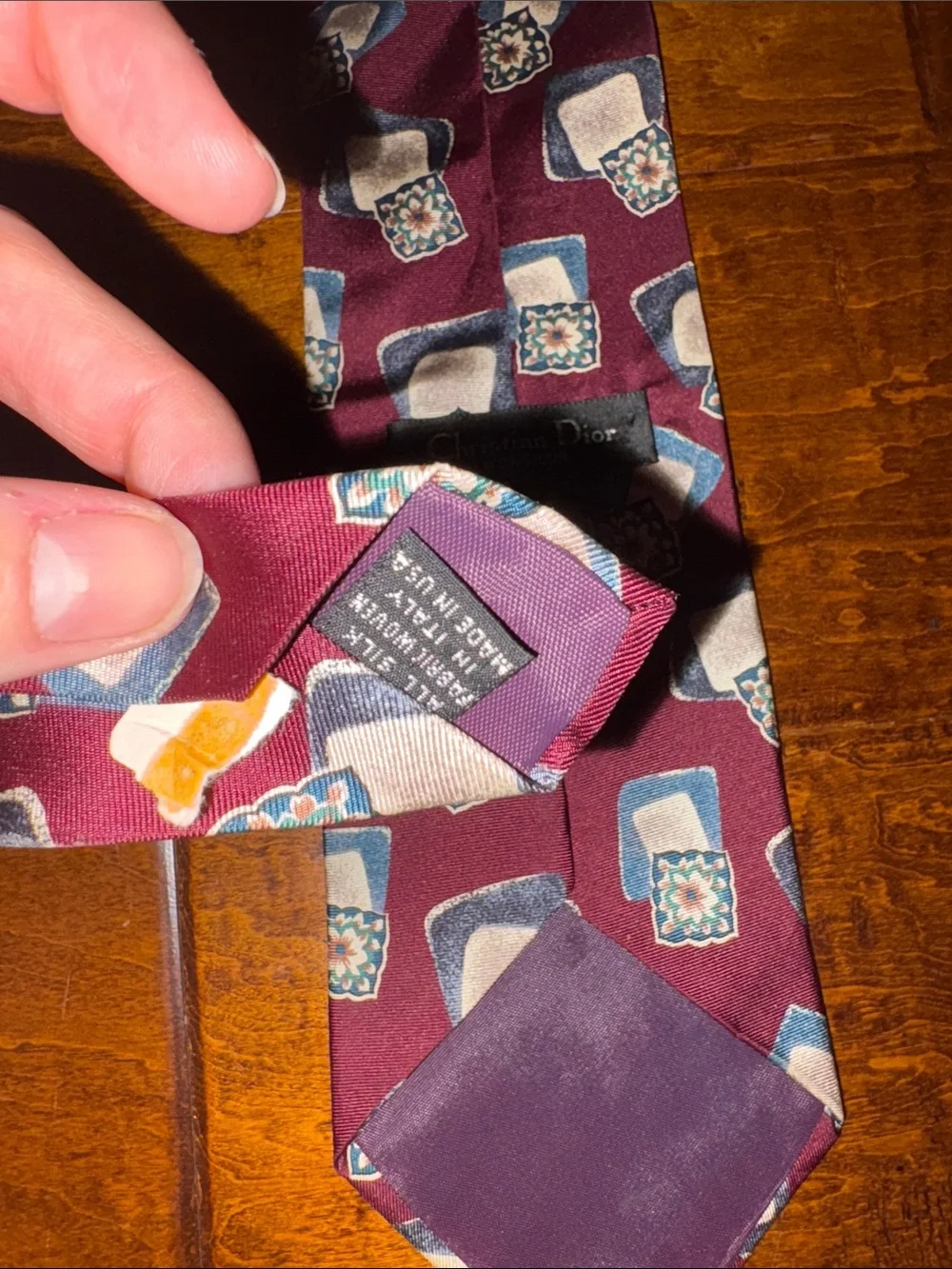 Dior Burgundy Silk Tie with Blue and Cream Geometric Motifs